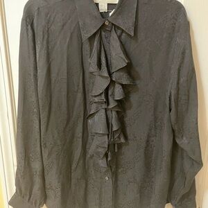 Silk Exchange 100% Silk Black Jacquard Ruffle Blouse Size L 🖤✨